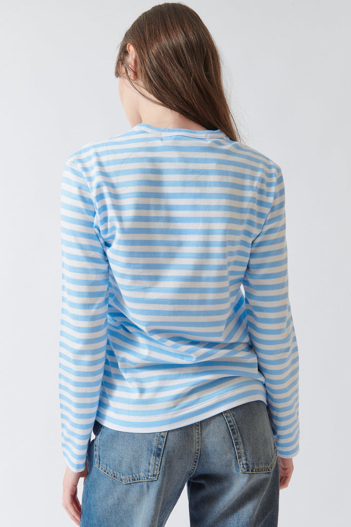 Angela wearing Comme des Garçons PLAY Red Emblem Long Sleeve Striped T Shirt Blue rear view