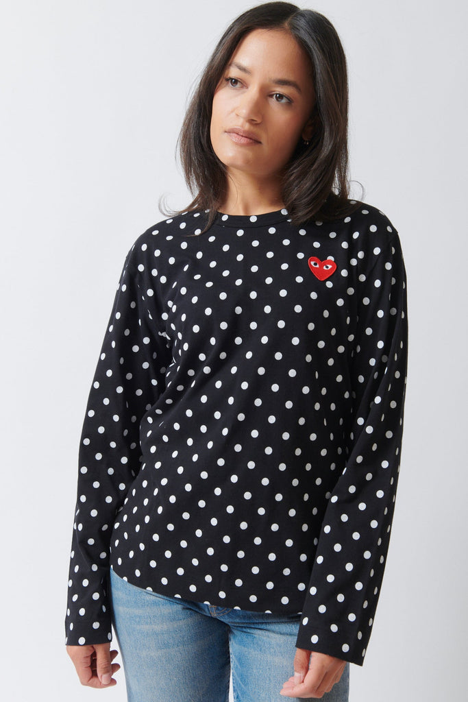 Comme des Garçons PLAY Red Heart Emblem Polka Dot Long Sleeve Tee