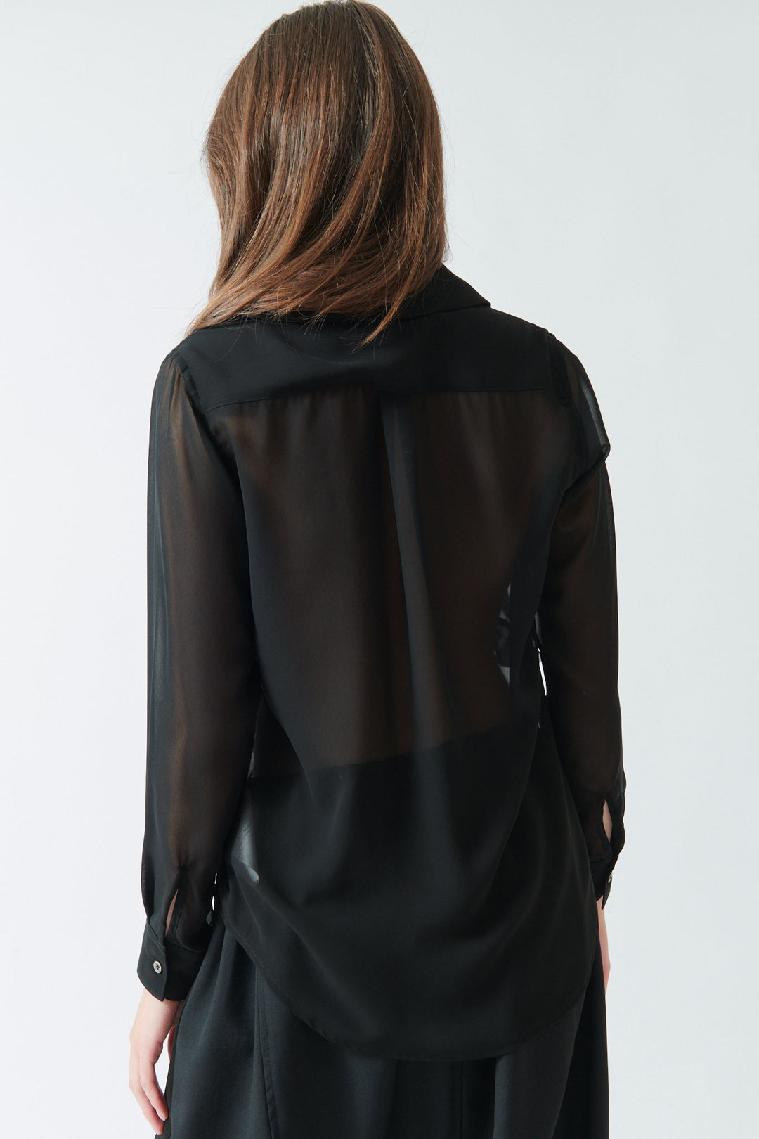 Angela wearing Comme des Garçons Sheer Flounce Front Blouse rear view