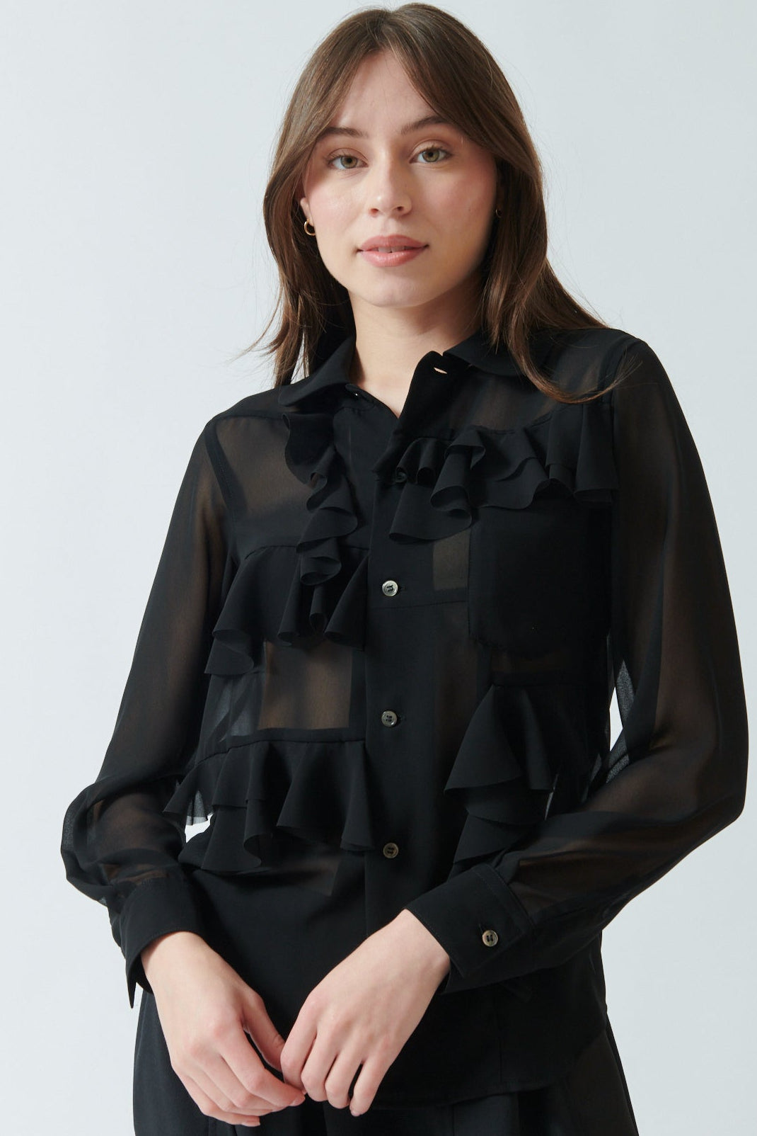 Angela wearing Comme des Garçons Sheer Flounce Front Blouse front view