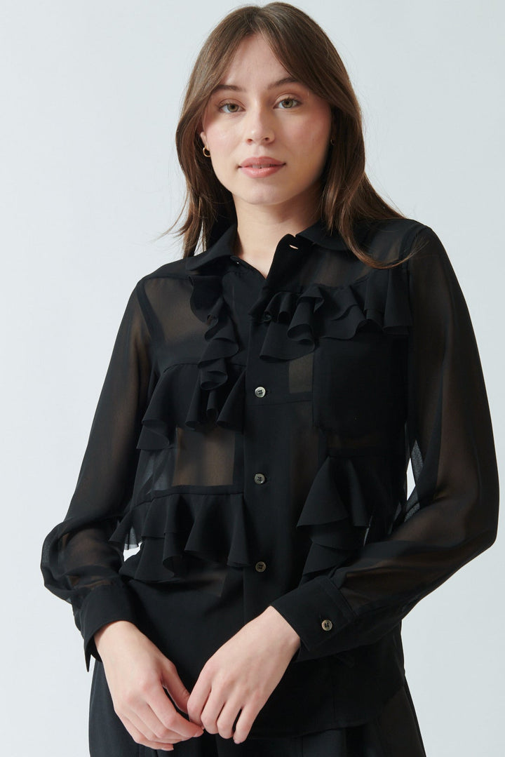 Angela wearing Comme des Garçons Sheer Flounce Front Blouse front view