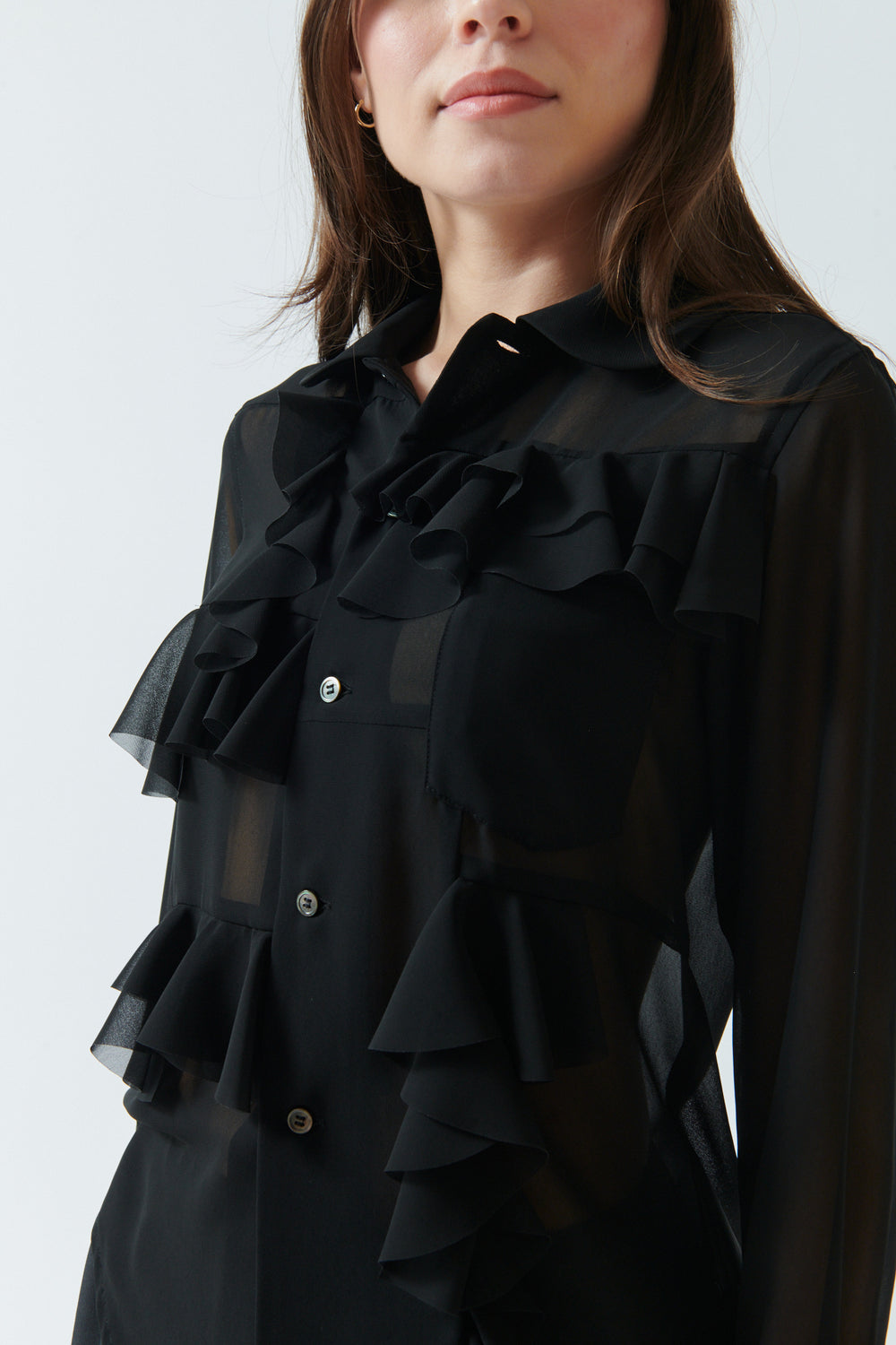 Angela wearing Comme des Garçons Sheer Flounce Front Blouse front/detail view