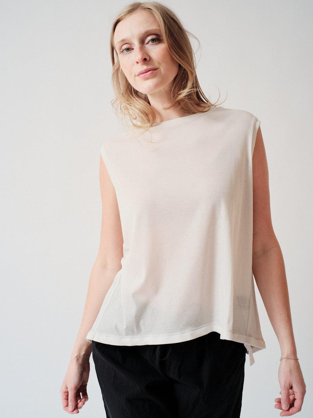 Madi wearing COG The Big Smoke Nelly Sleeveless Top front view