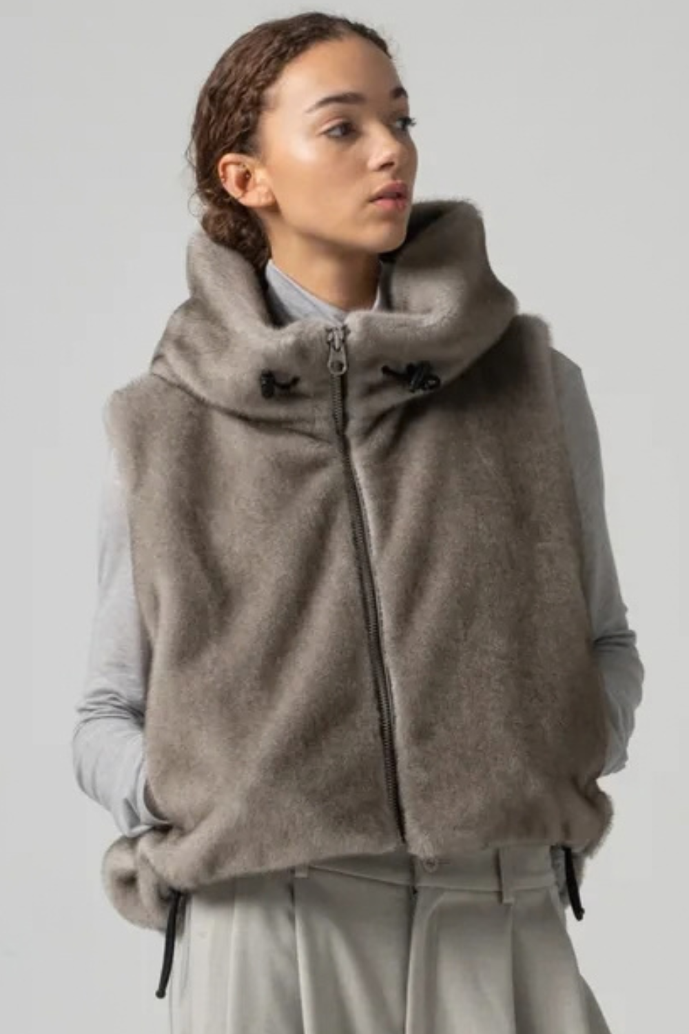 Model wearing COG The Big Smoke Orah Hoody Cropped Vest front view