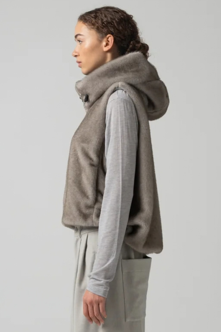 Model wearing COG The Big Smoke Orah Hoody Cropped Vest side view