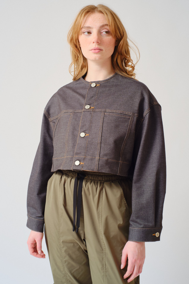 Waverly wearing COG The Big Smoke Nikki Collarless Jacket front view