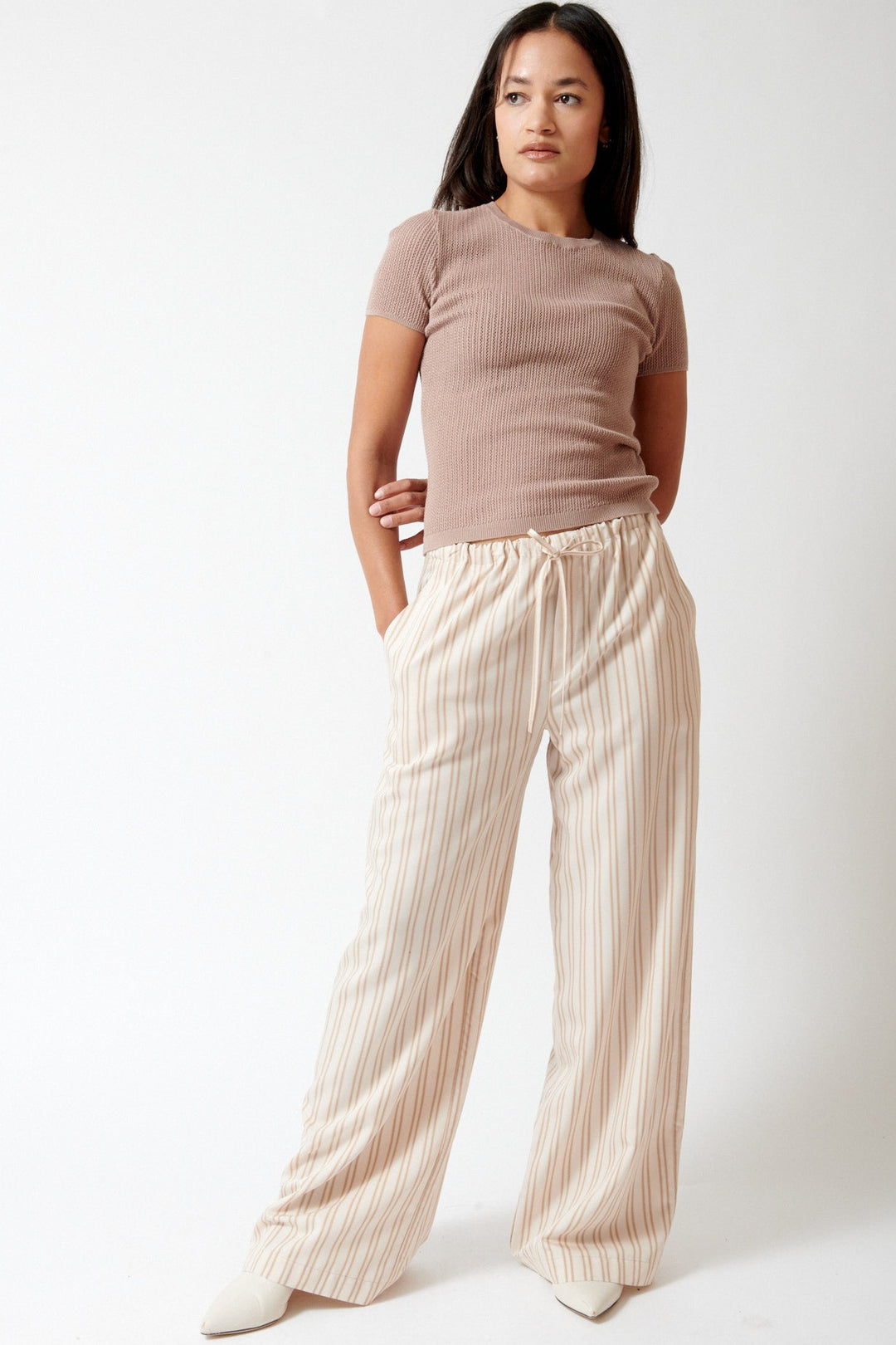 Amanda wearing Sablyn Stripe Gemma Pull On Straight Leg Pant front view