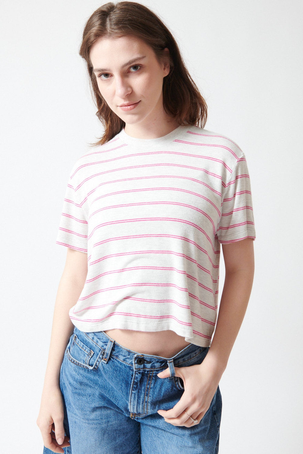 Sophie wearing ASKK NY Shrunken Boy Tee front view 