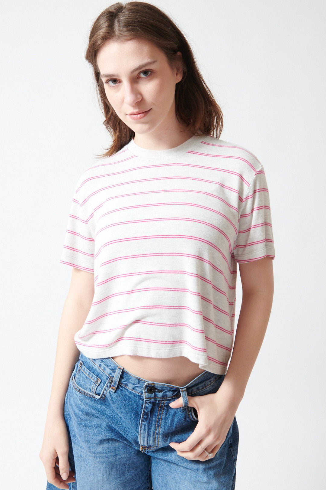 Sophie wearing ASKK NY Shrunken Boy Tee front view 