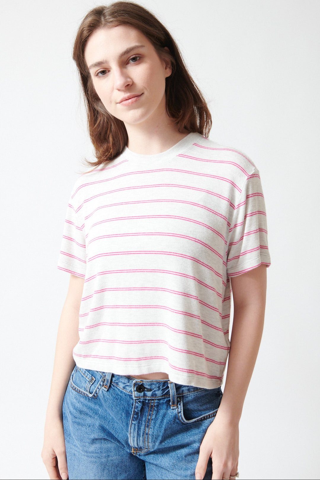 Sophie wearing ASKK NY Shrunken Boy Tee front view 