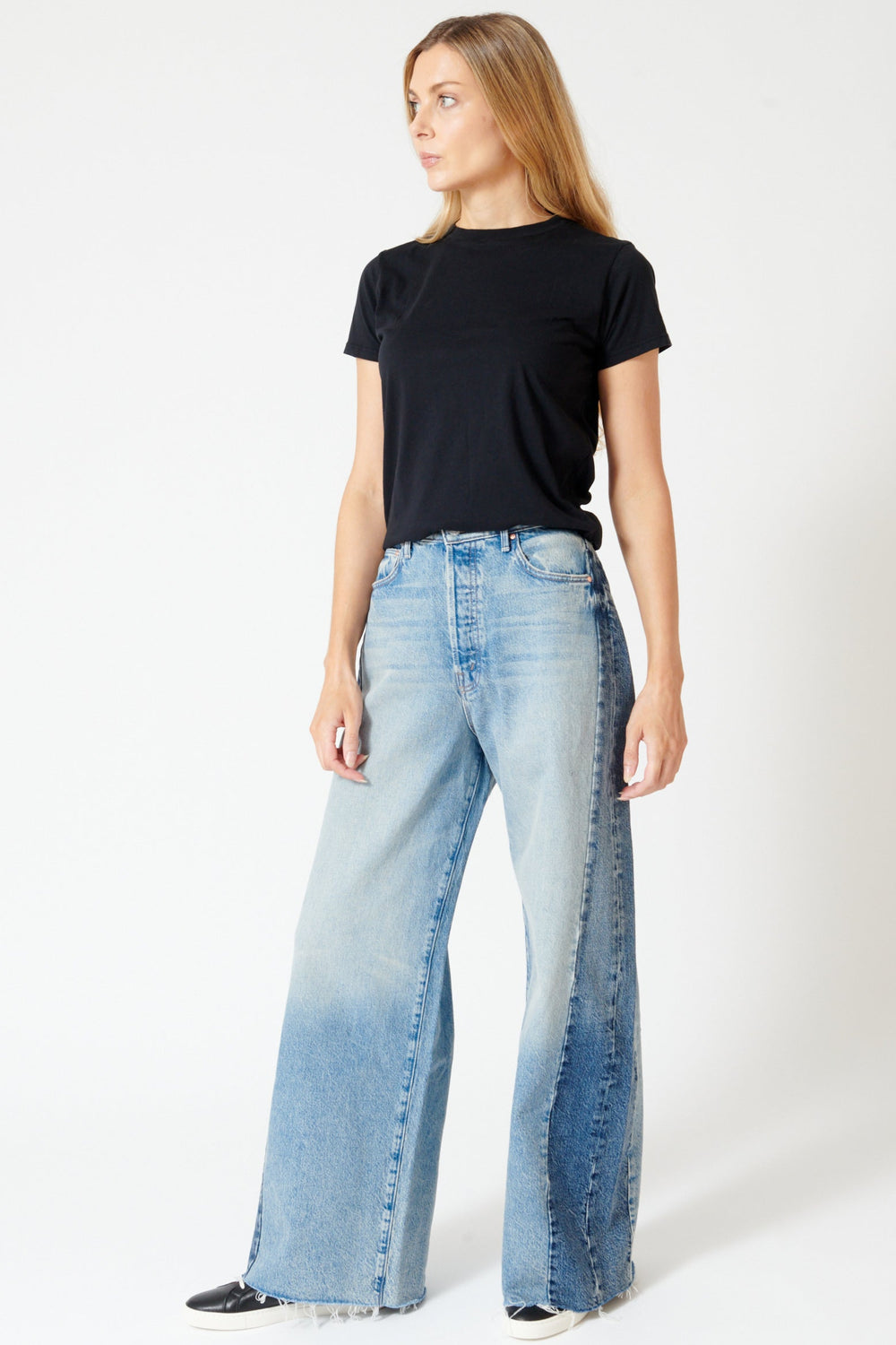 Mari wearing Mother Denim Pipe Dream Button Sneak Fray front view