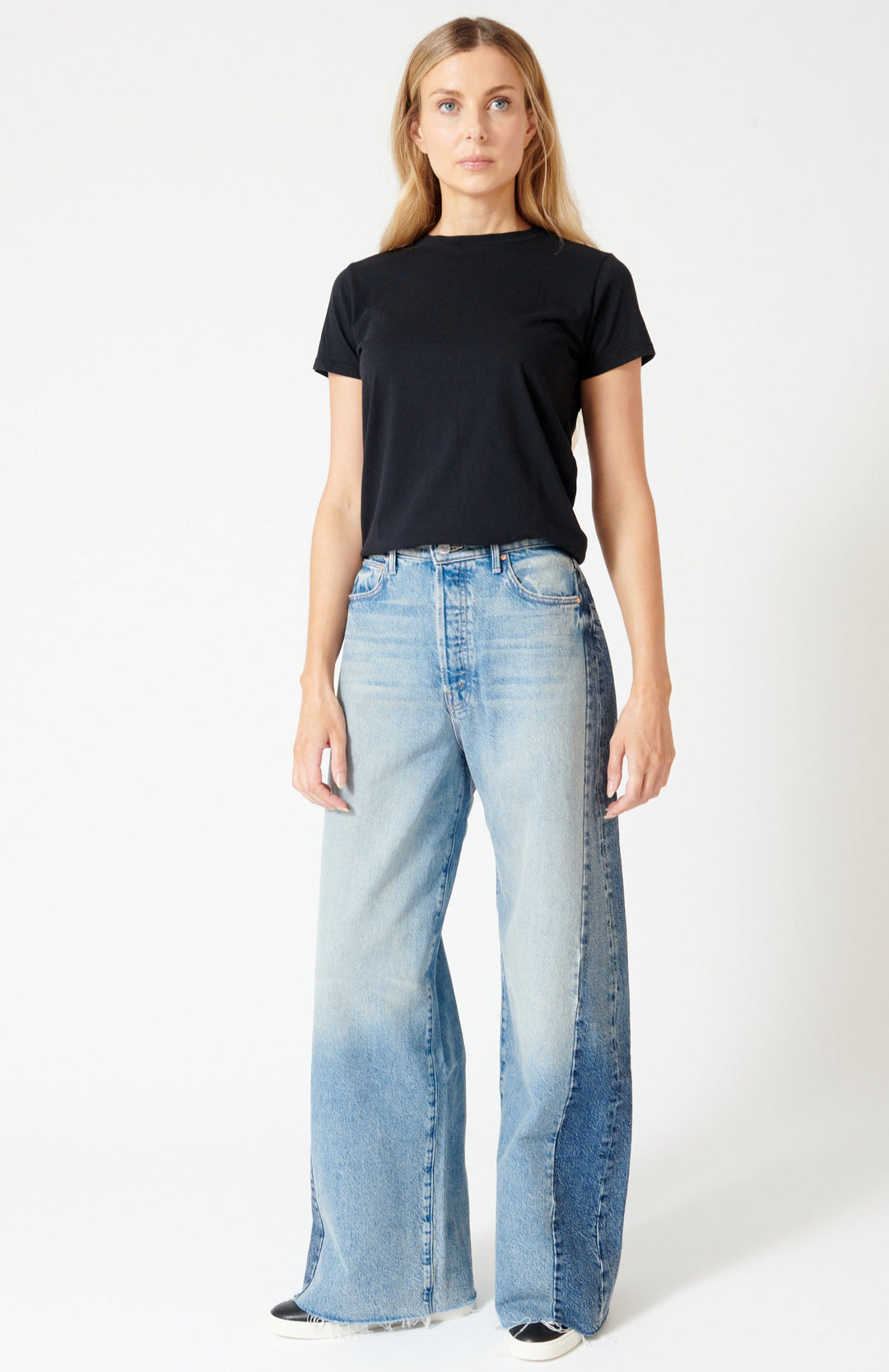 Mari wearing Mother Denim Pipe Dream Button Sneak Fray front view