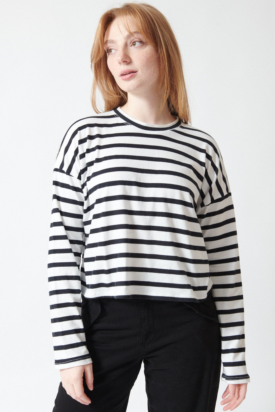 Waverly wearing ASKK NY Cropped Long Sleeve Stripe Tee front view