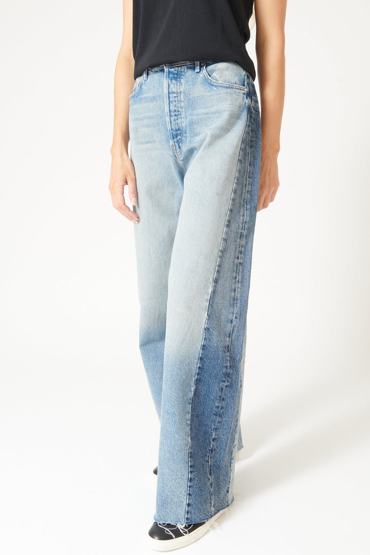 Mari wearing Mother Denim Pipe Dream Button Sneak Fray front view