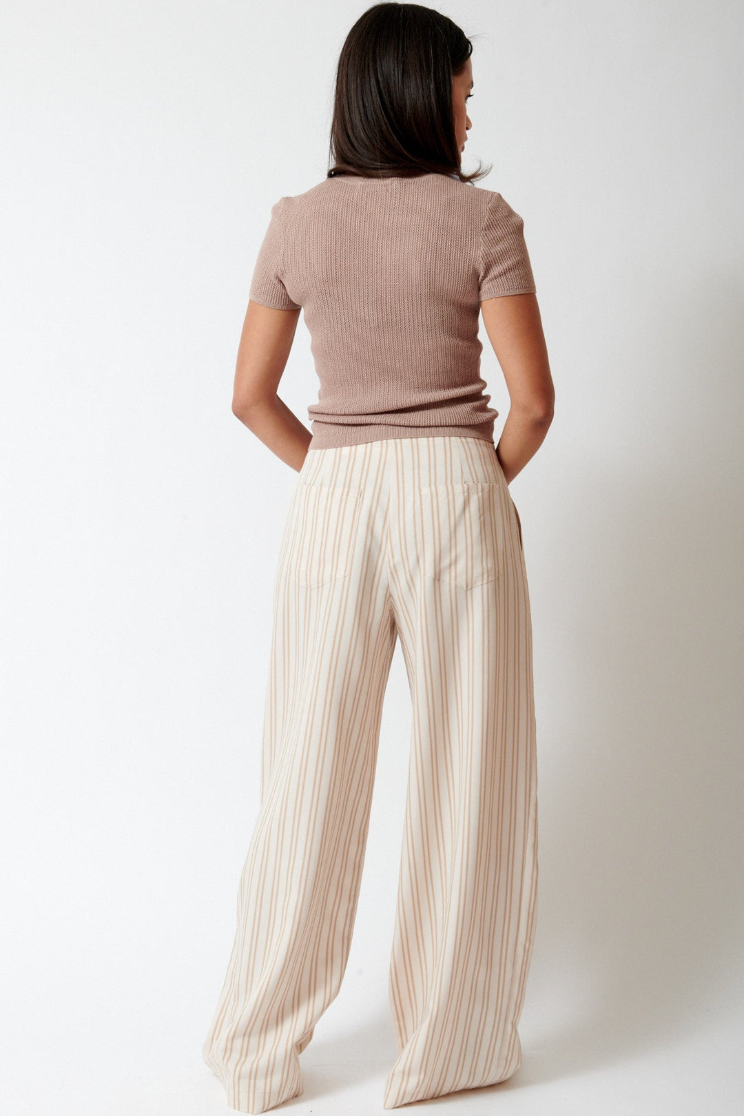 Amanda wearing Sablyn Stripe Gemma Pull On Straight Leg Pant rear view