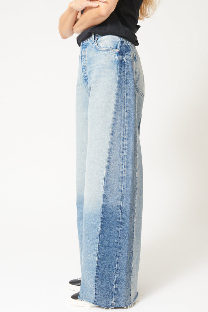 Mari wearing Mother Denim Pipe Dream Button Sneak Fray front/side view