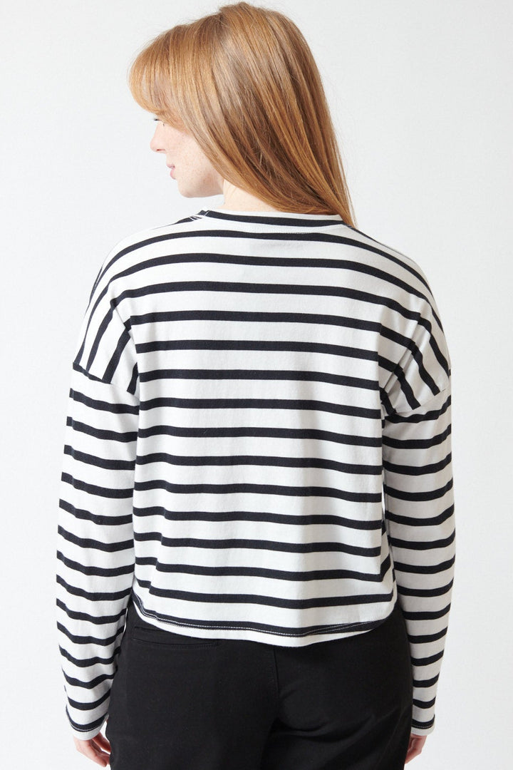 Waverly wearing ASKK NY Cropped Long Sleeve Stripe Tee rear view