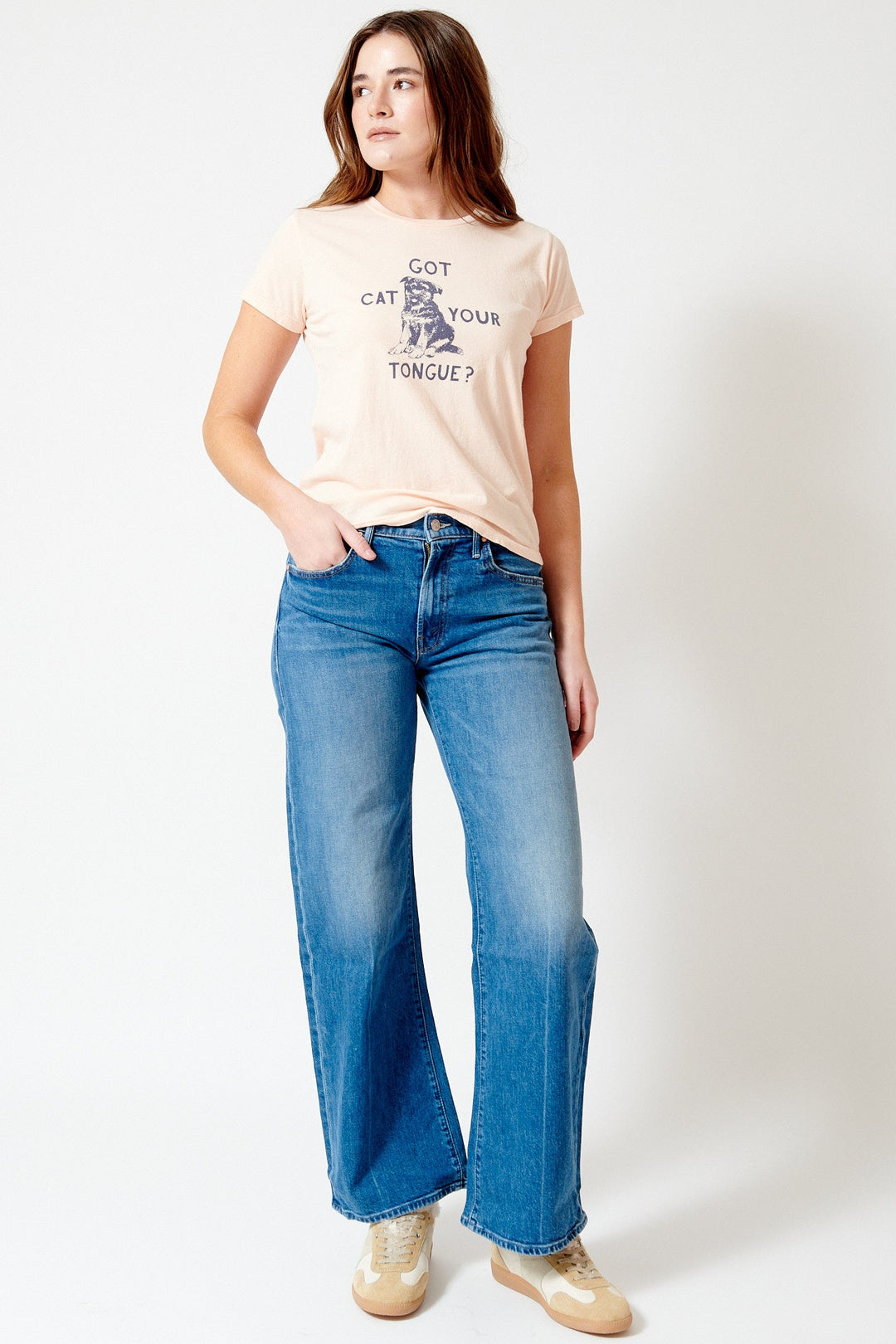 Julia wearing Mother Denim The Mid Rise Lasso Sneak front view