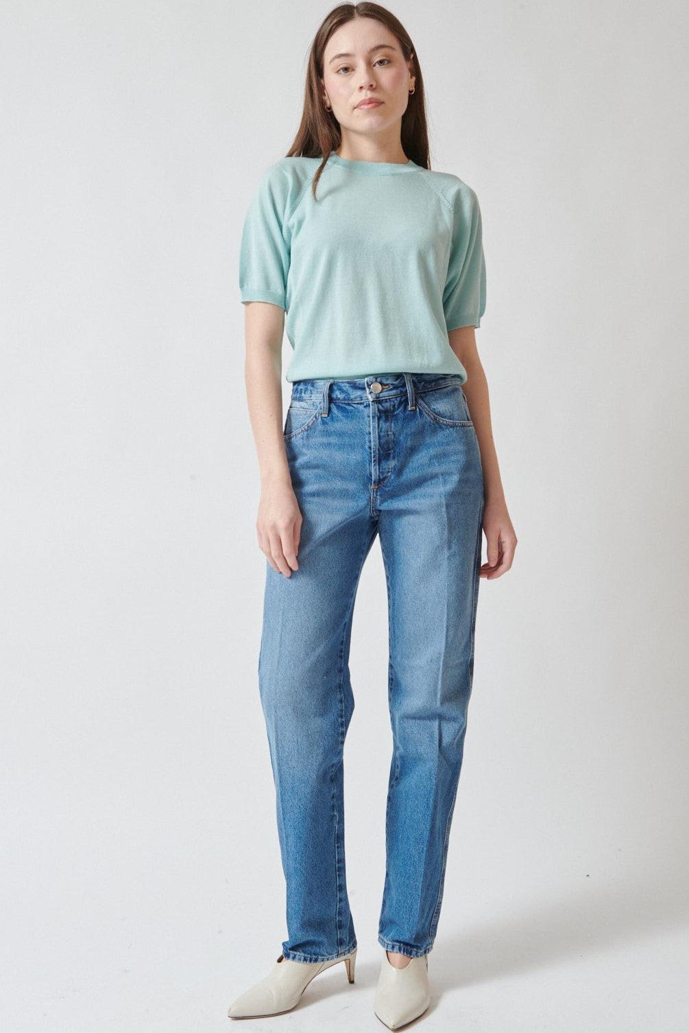 Angela wearing SPRWMN Slim Boyfriend Jean front view