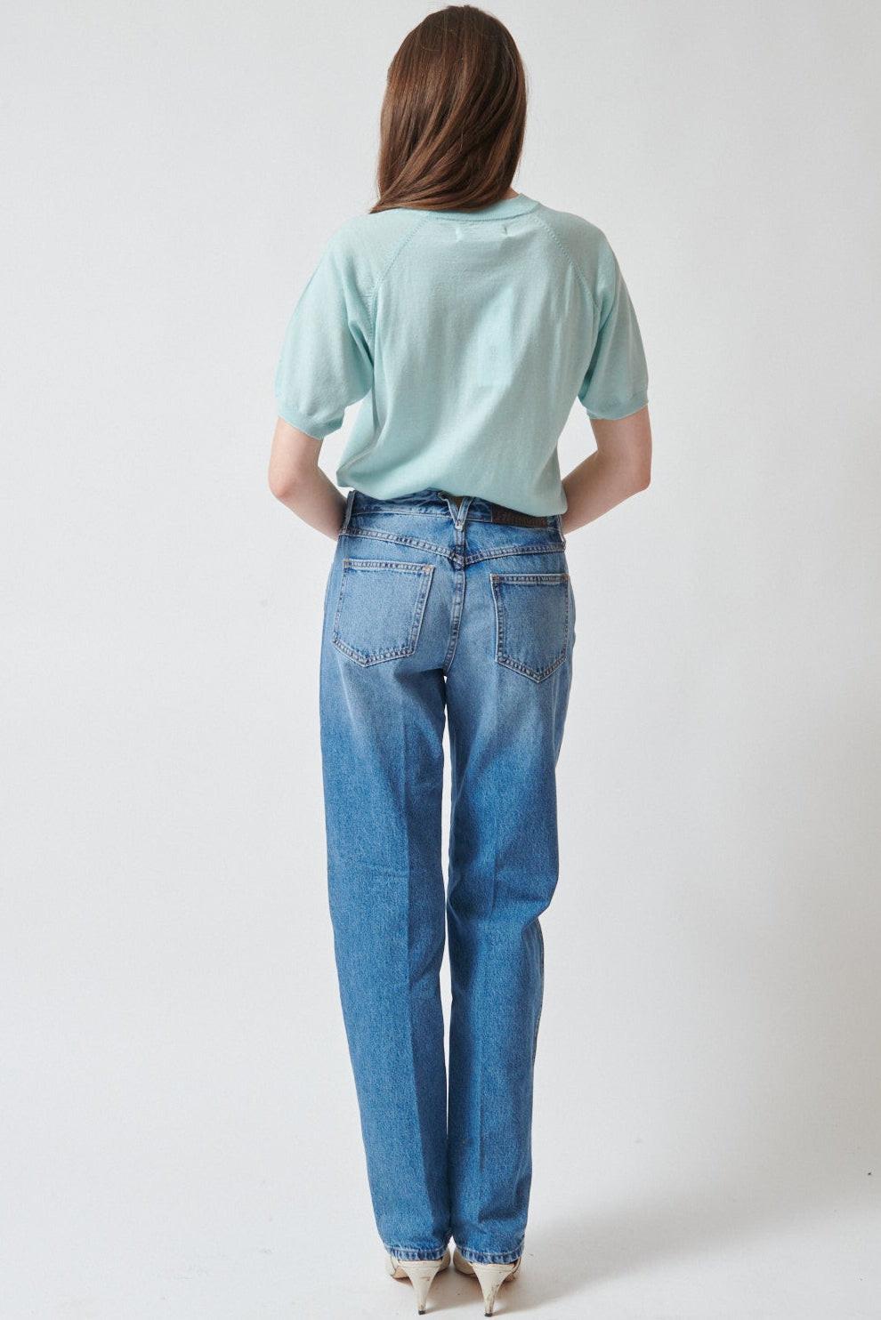 Angela wearing SPRWMN Slim Boyfriend Jean rear view