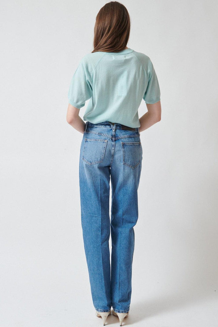 Angela wearing SPRWMN Slim Boyfriend Jean rear view