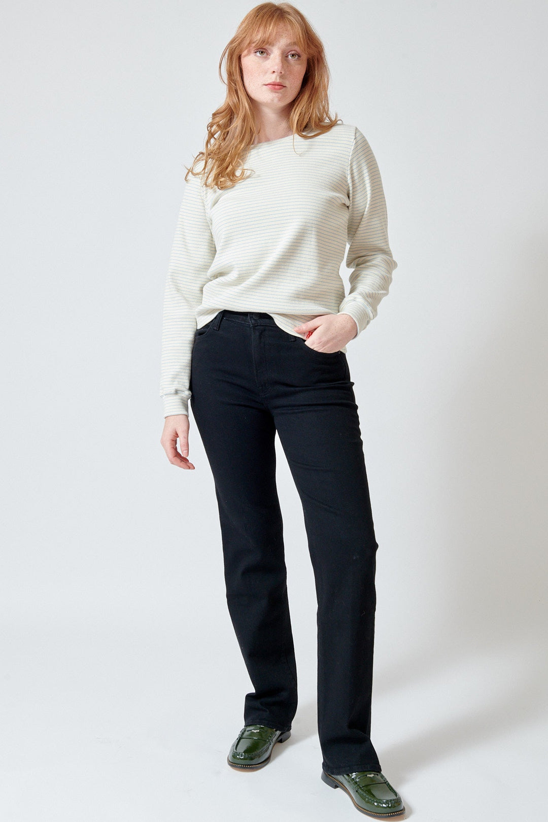 Waverly wearing Mother Denim The Kick It front view