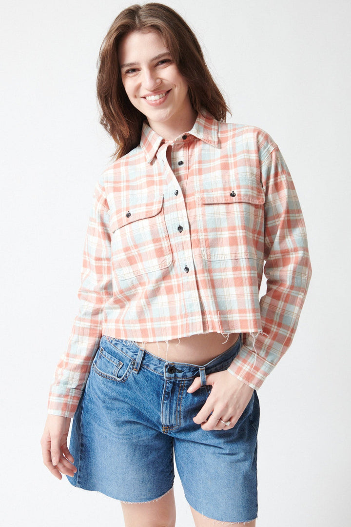 Sophie wearing ASKK NY Crosby Flannel Shirt front view