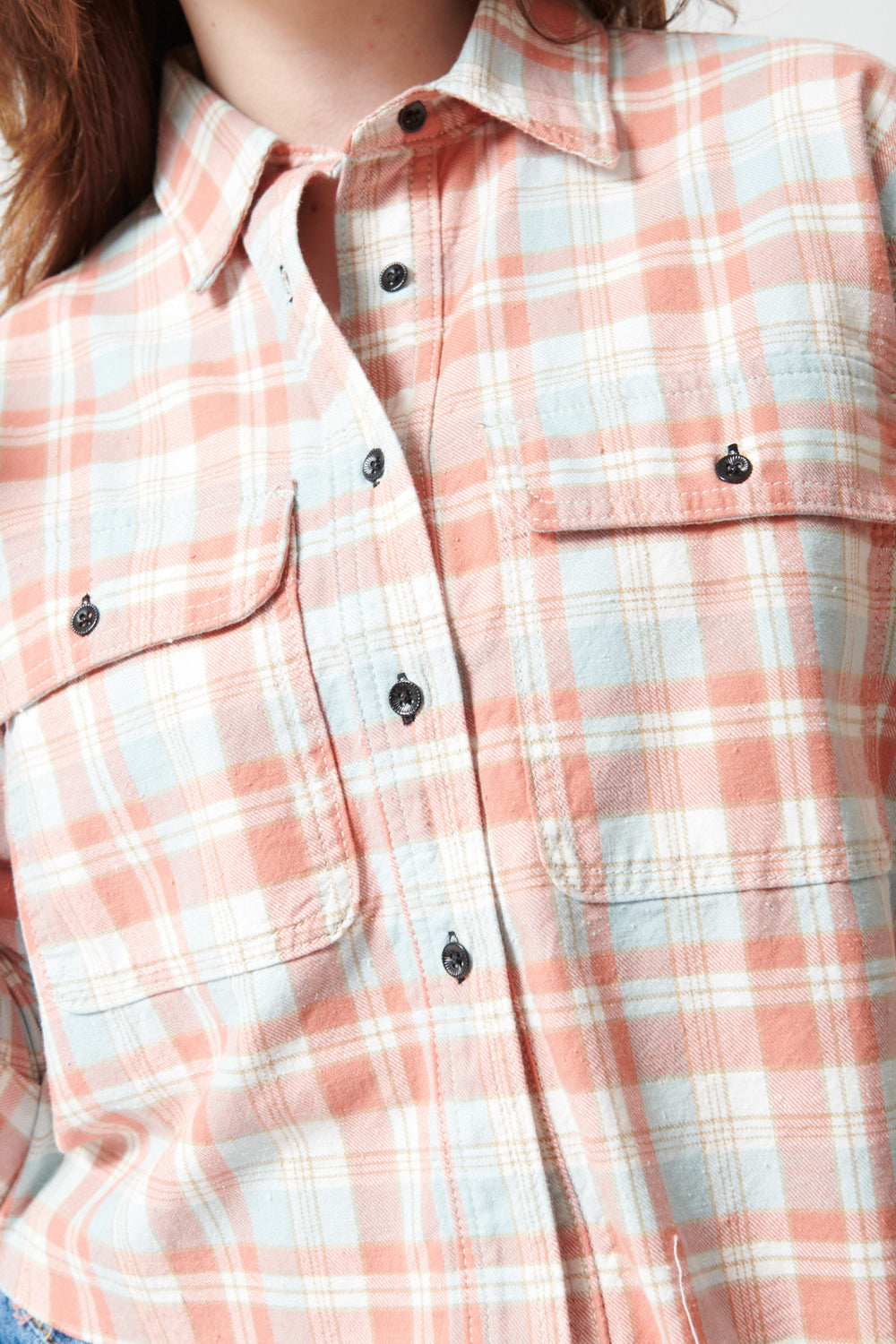 Sophie wearing ASKK NY Crosby Flannel Shirt front/detail view