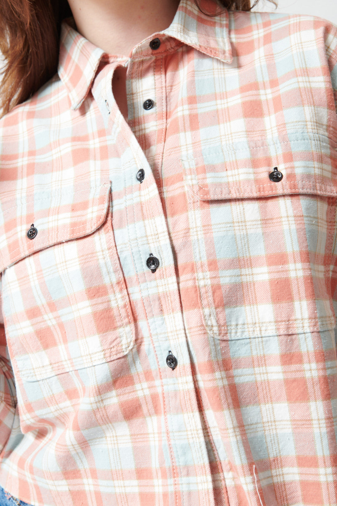 Sophie wearing ASKK NY Crosby Flannel Shirt front/detail view