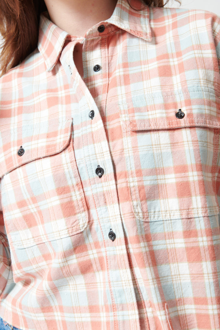 Sophie wearing ASKK NY Crosby Flannel Shirt front/detail view