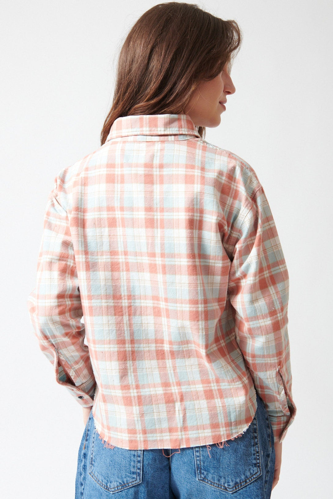 Sophie wearing ASKK NY Crosby Flannel Shirt rear view