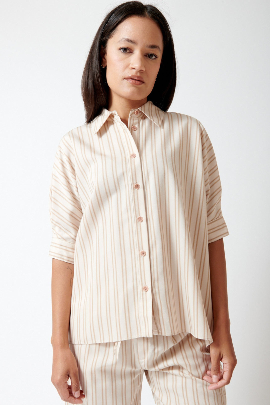 Amanda wearing Sablyn Stripe Gisele Relaxed Short Sleeve Button Down front view