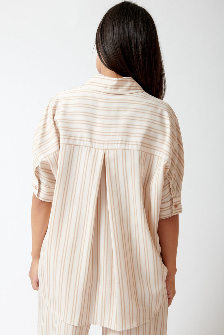 Amanda wearing Sablyn Stripe Gisele Relaxed Short Sleeve Button Down rear view