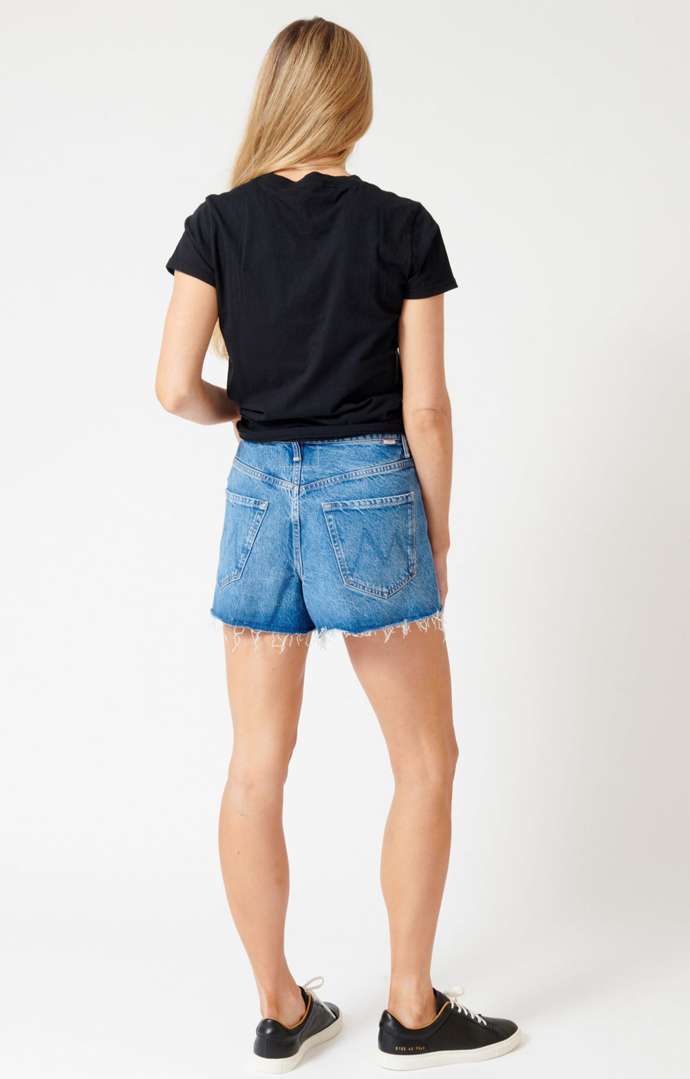 Mari wearing Mother Denim The Main Course Short Fray rear view