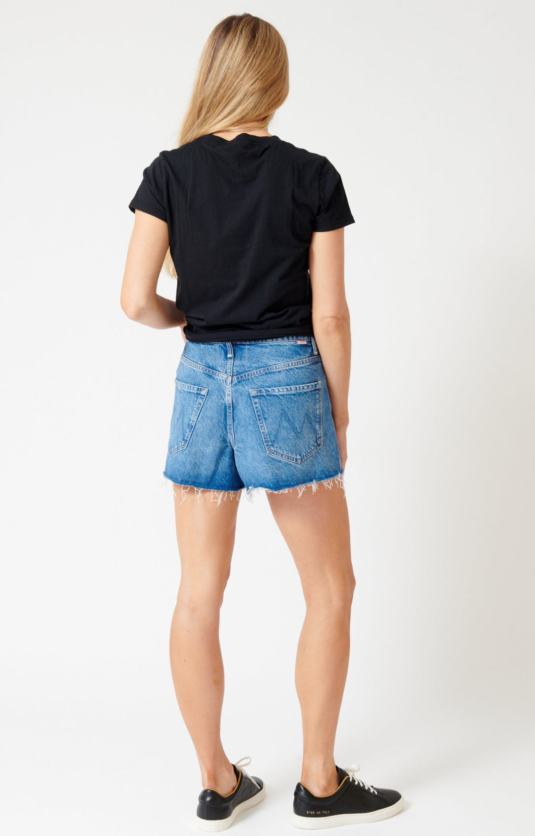 Mari wearing Mother Denim The Main Course Short Fray rear view