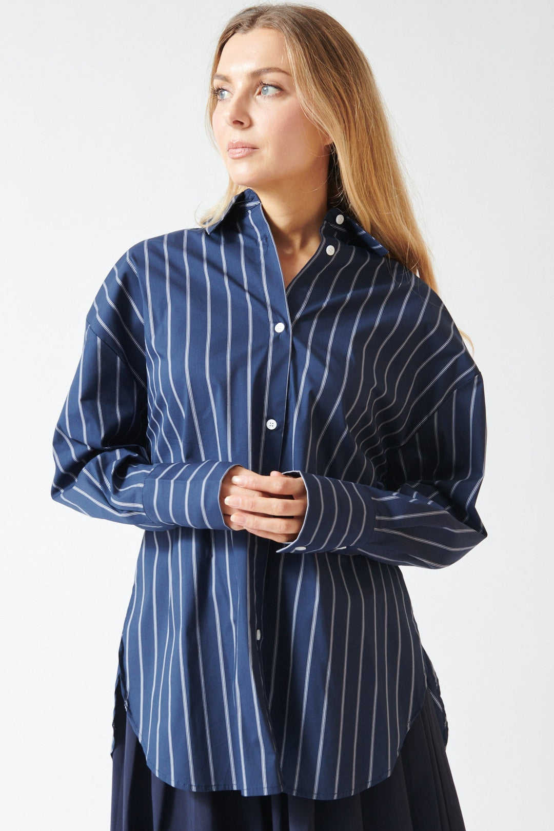 Mari wearing ELEH Cotton Nylon Spandex Blended Shirt front view 