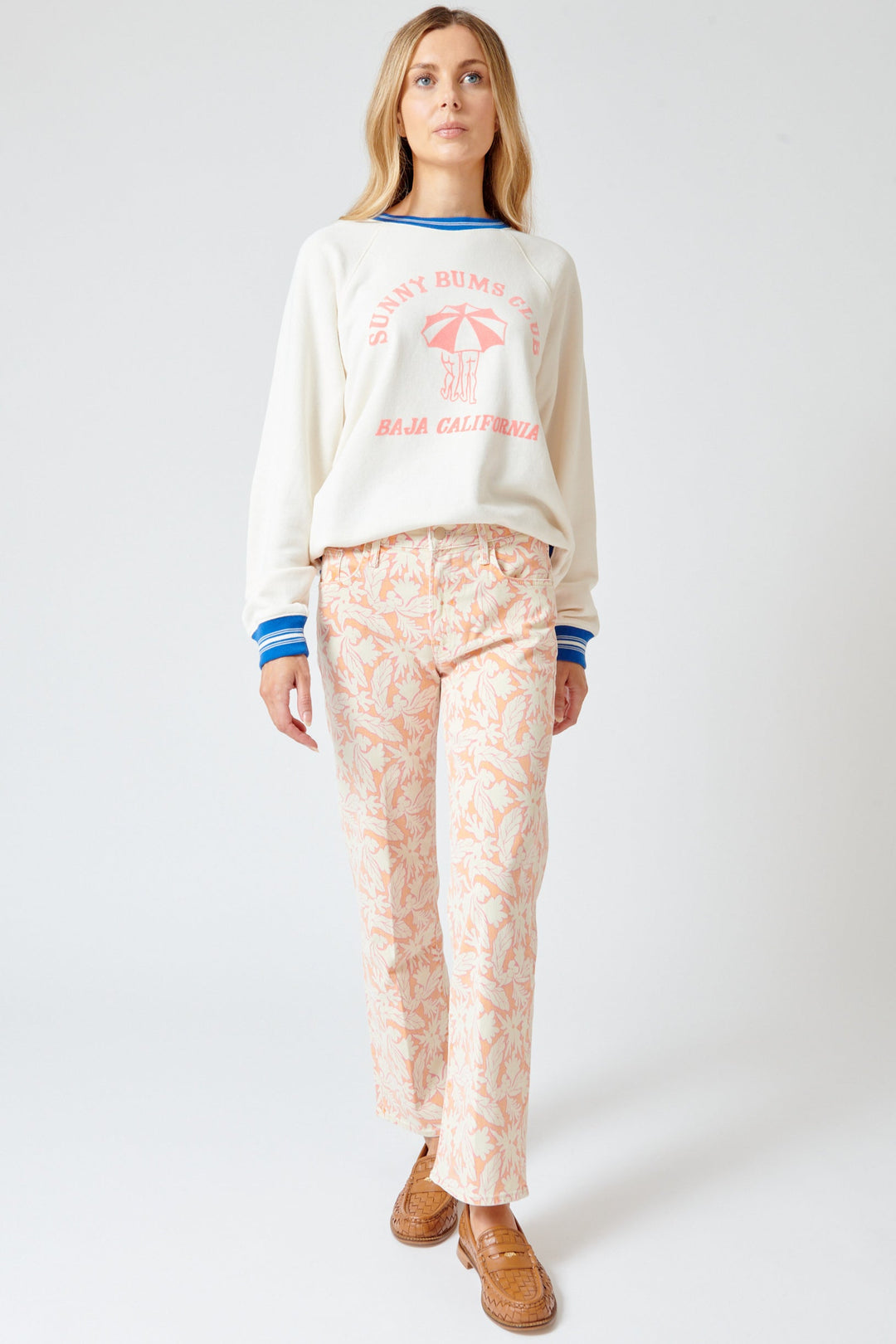 Mari wearing Mother Denim The Mid Rise Rambler Zip Ankle front view