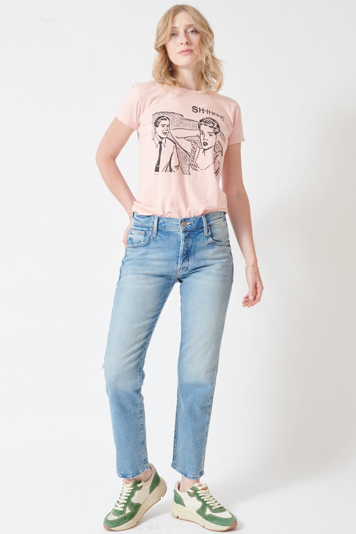 Madi wearing Mother Denim The Mid Rise Hiker Hover front view