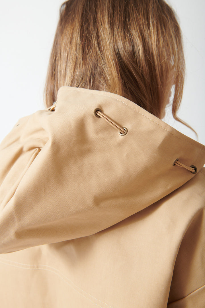 Mari wearing Mother Denim The Light Drizzle rear/ hood view