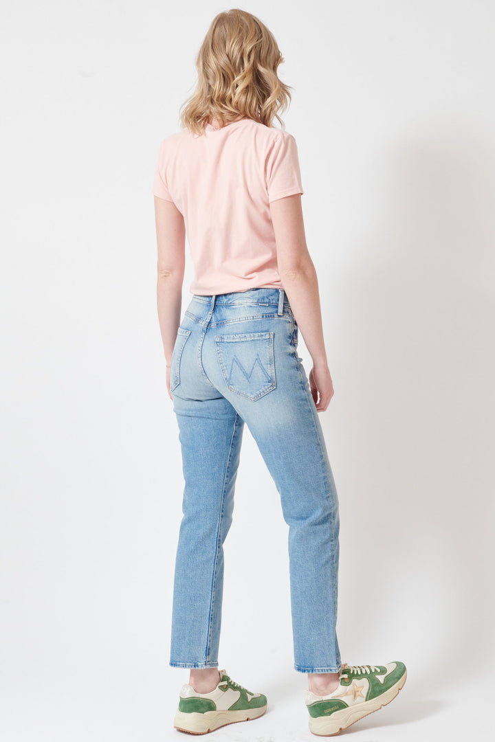 Madi wearing Mother Denim The Mid Rise Hiker Hover rear view