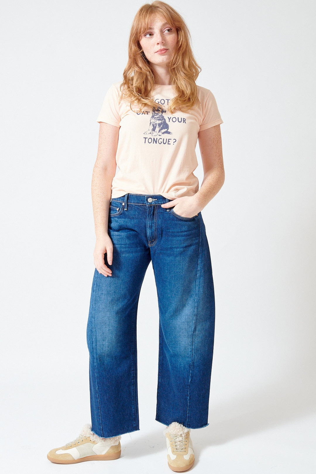 Waverly wearing Mother Denim Mid Rise Full Pipe Flood Fray front view