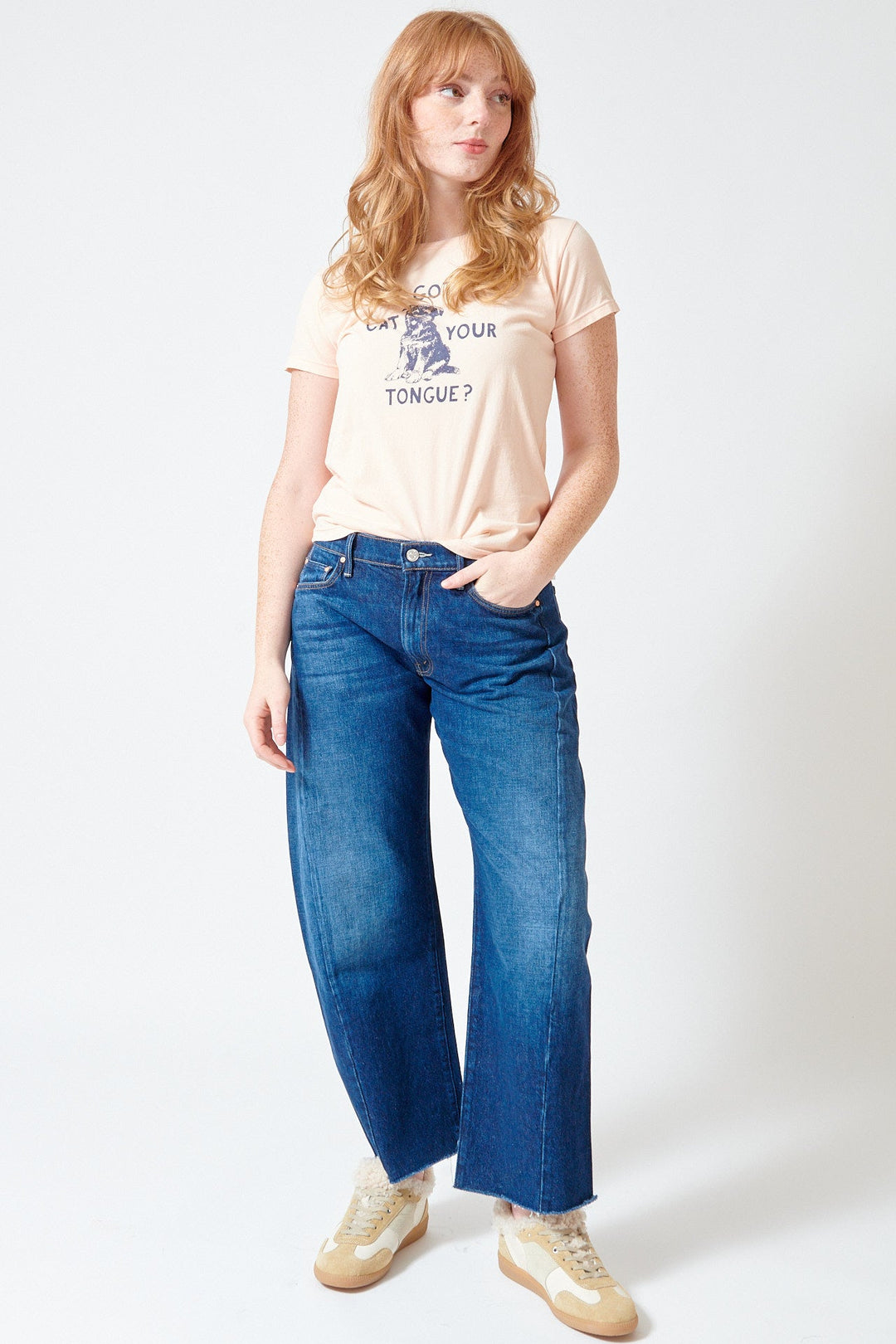 Waverly wearing Mother Denim Mid Rise Full Pipe Flood Fray front view