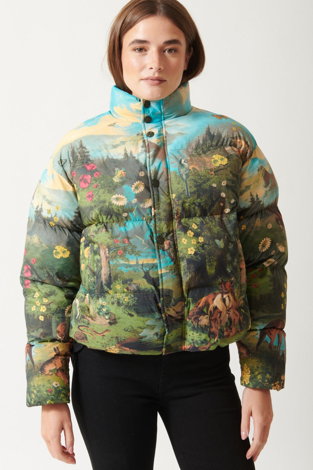 Julie wearing Mother Denim The Drop Pillow Talk Puffer, front view