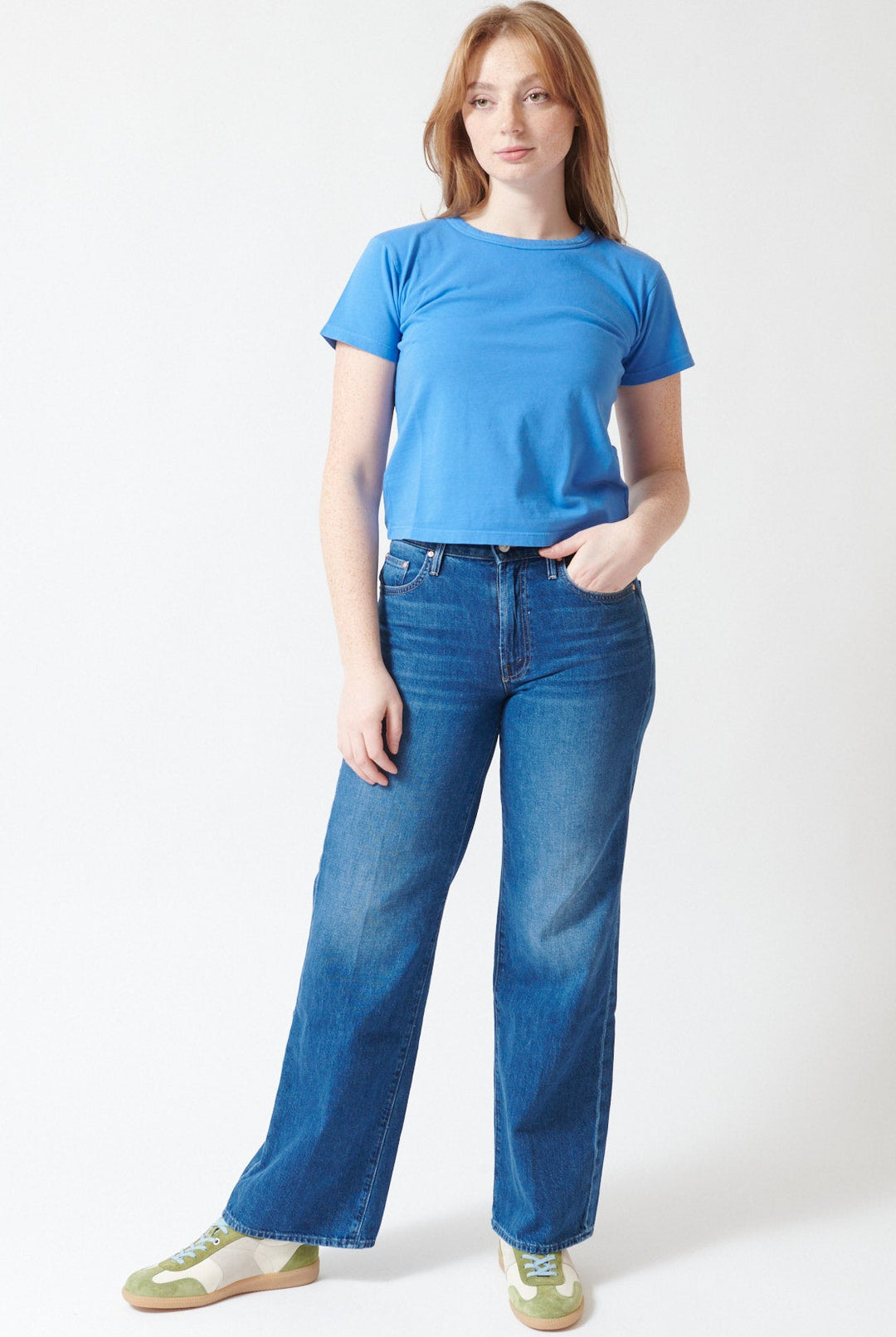 Waverly wearing Mother Denim The Mid Rise Maven Skimp front view