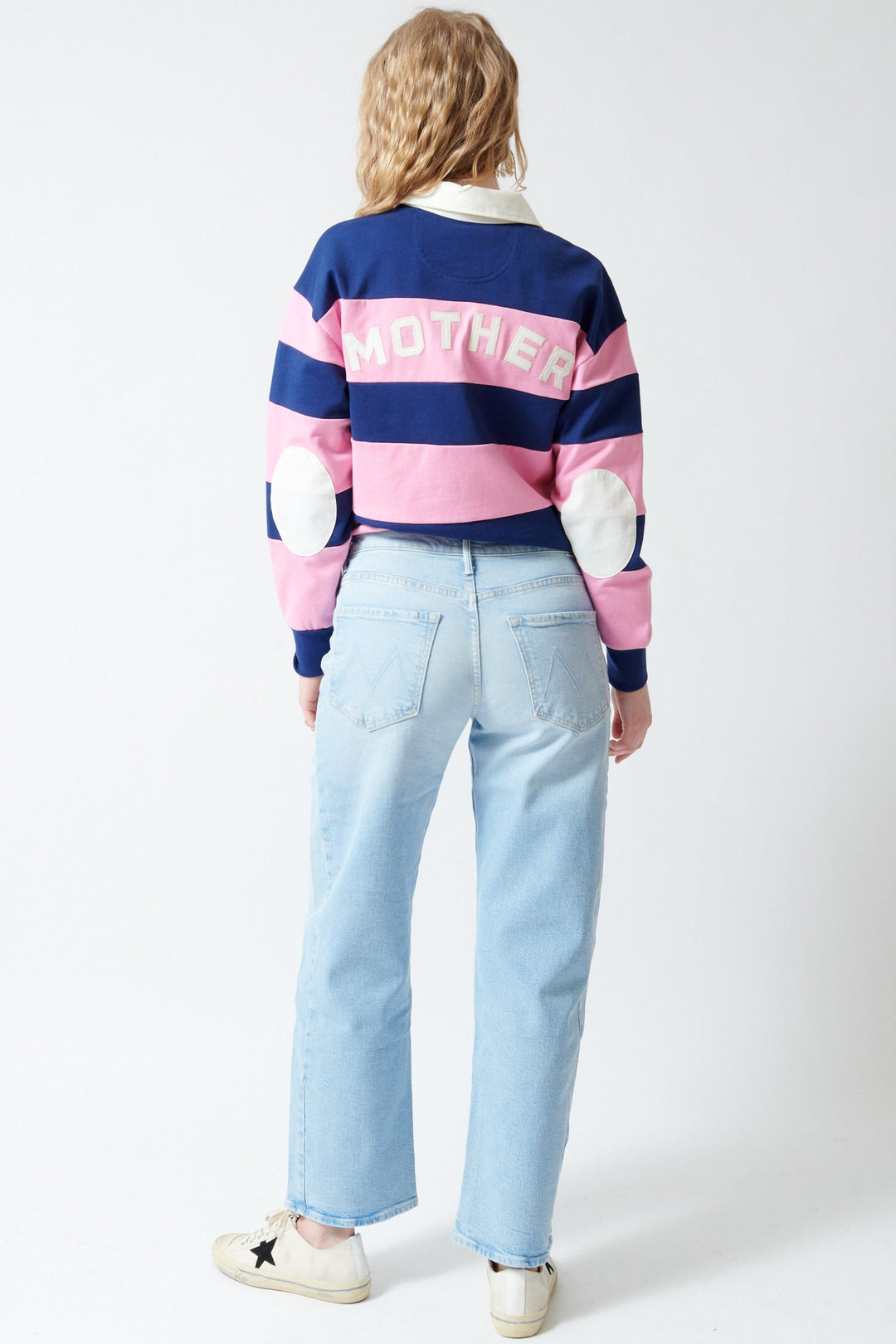 Madi wearing Mother Denim The Mid Rise Half Pipe Hover rear view