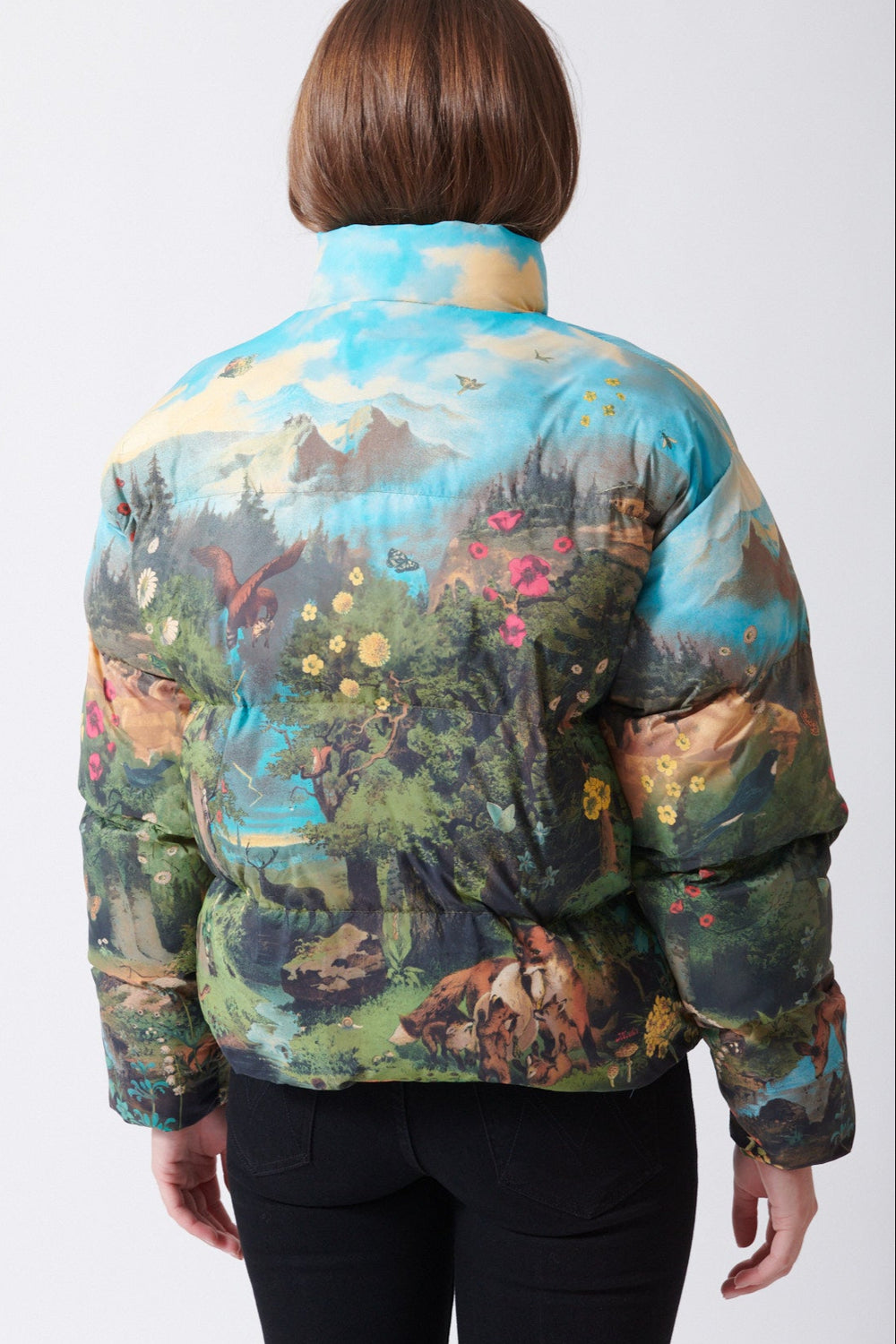 Julie wearing Mother Denim The Drop Pillow Talk Puffer, rear view