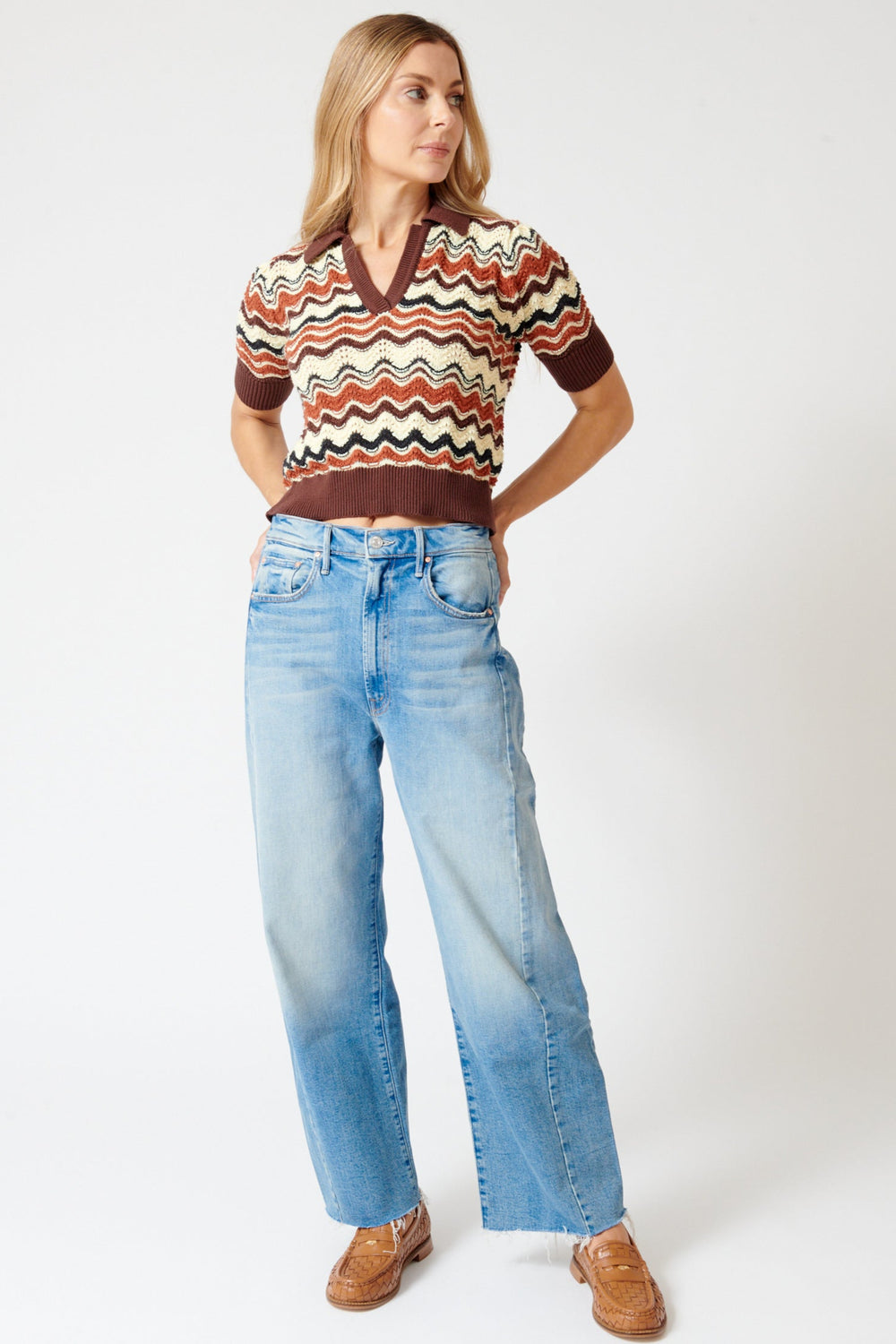 Mari wearing Mother Denim The Half Pipe Ankle Fray front view
