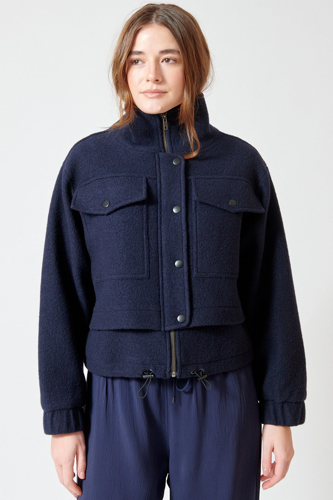 Julia wearing Apiece Apart Selva Cropped Bomber front view