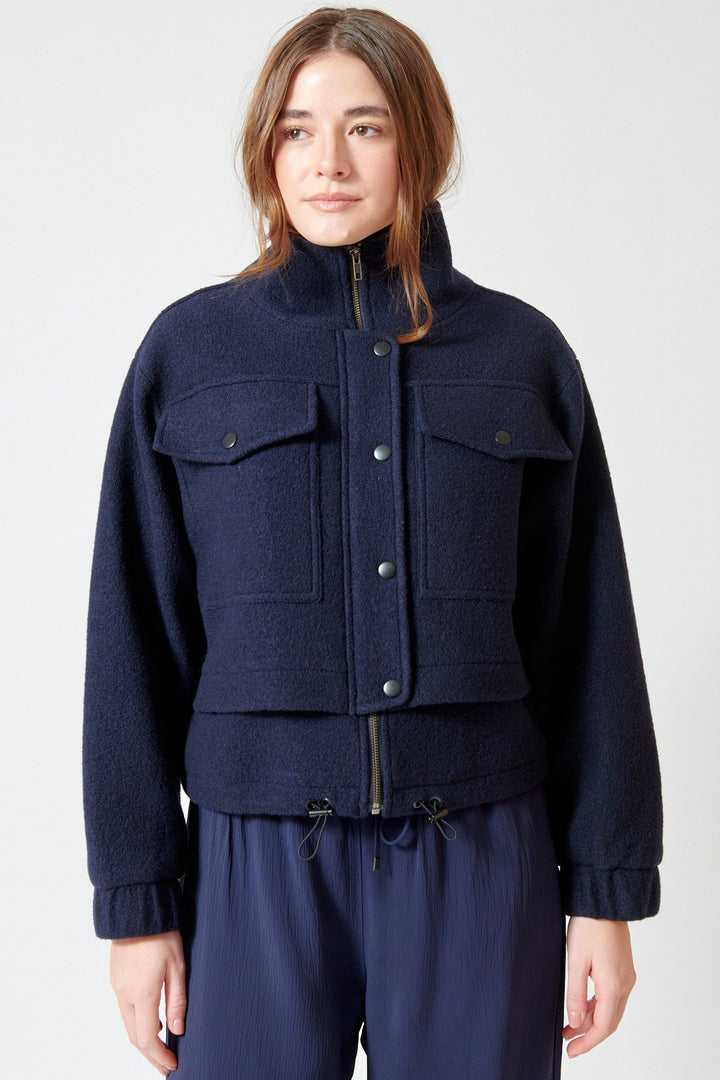 Julia wearing Apiece Apart Selva Cropped Bomber front view