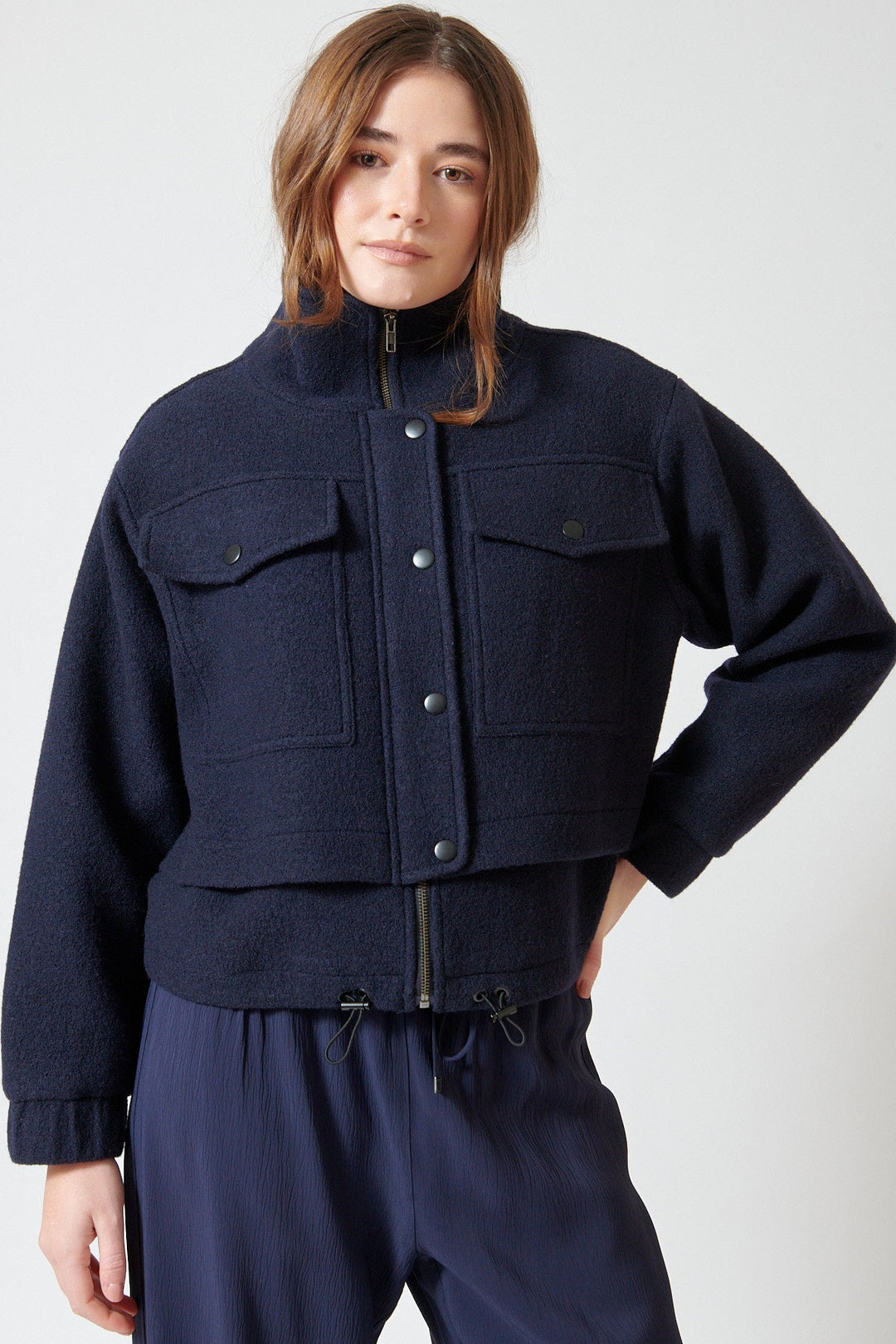 Julia wearing Apiece Apart Selva Cropped Bomber front view